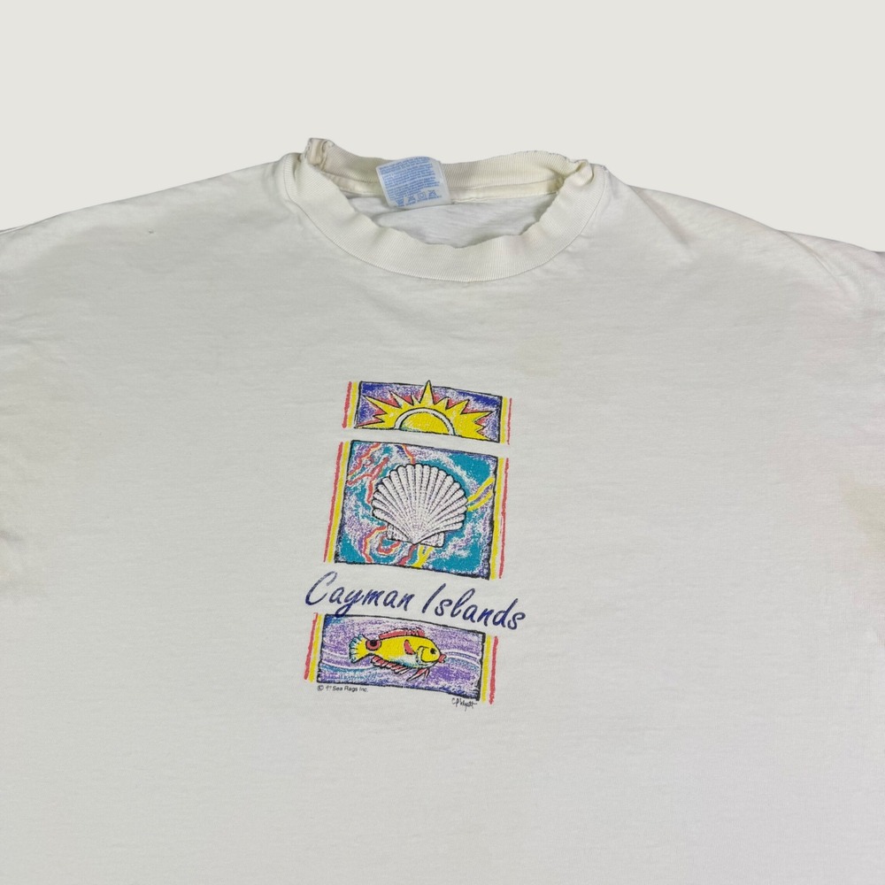 Vintage 1991 Hanes Beefy-T Cayman Islands Graphic T-Shirt XL White Sea Rags Inc